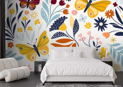 Seamless pattern with floral design and hand drawn elements Wall mural