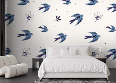 Spring time seamless pattern with birds in folk style Wall mural