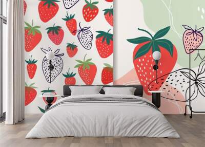 Strawberry collection with seamless pattern and abstract composition, doodle shapes, trendy design Wall mural