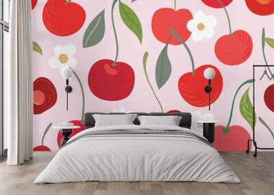 Summer seamless pattern with cherries and flowers, fresh fruits background, vector Wall mural