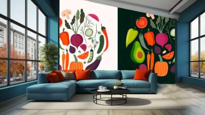 Vegetables cards collection with hand drawn isolated elements, vector design Wall mural