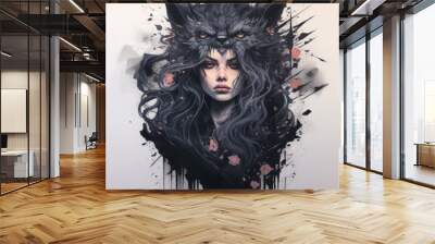 A painted artistic portrait of a woman's face with a wolf skin on her head. Wall mural