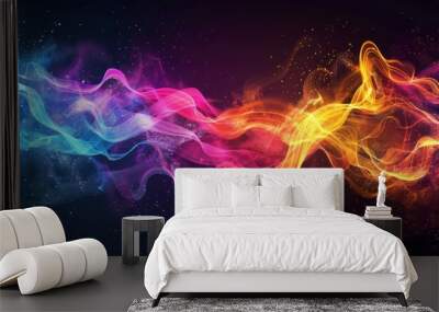 A vibrant digital artwork featuring an abstract wave of glowing particles in neon colors, creating a dynamic and futuristic visual effect. Perfect for modern designs. Wall mural