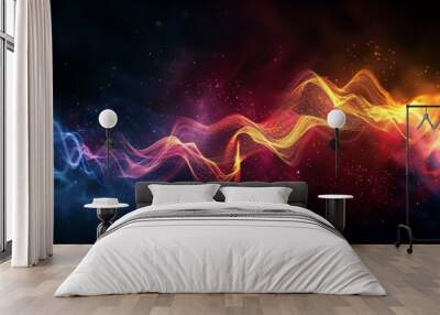 A vibrant digital artwork featuring an abstract wave of glowing particles in neon colors, creating a dynamic and futuristic visual effect. Perfect for modern designs. Wall mural