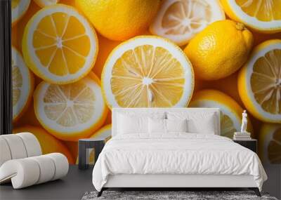 Close-up of vibrant lemon slices, perfect for food photography, refreshing summer backgrounds, and health-related themes. Wall mural