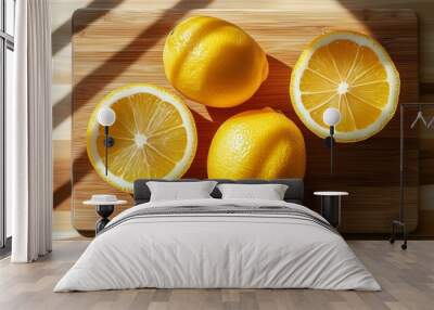 Close-up of vibrant lemon slices, perfect for food photography, refreshing summer backgrounds, and health-related themes. Wall mural