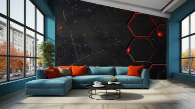 Dynamic black background with glowing red lines and hexagons. Perfect for high-tech designs, digital art, and modern, futuristic themes. Wall mural