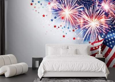 Festive background with an American flag and colorful fireworks, perfect for celebrating Independence Day, Fourth of July, and other patriotic events and designs. Wall mural