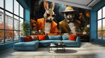 Funny art drawing of two rabbits with smokey glasses and coat and bow ties. Wall mural