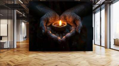 Hands adorned with intricate henna designs holding a lit candle, symbolizing the light and warmth of Diwali. Perfect for themes of tradition, spirituality, and celebration.






 Wall mural