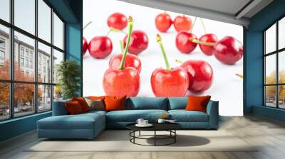 Fresh red cherries on white background Wall mural