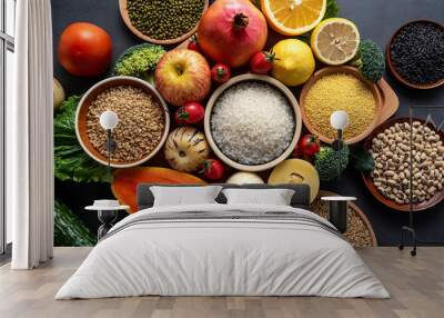 Full screen of fresh seasonal fruits and vegetables and whole grains Wall mural