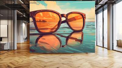 Sunglasses on the shore of a sandy beach in summer - vintage color styles Wall mural