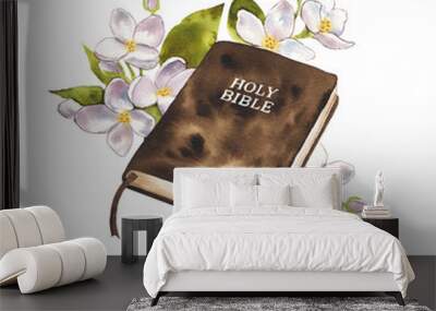 The sacred book the bible and flowers on a white background. Watercolor illustration Wall mural