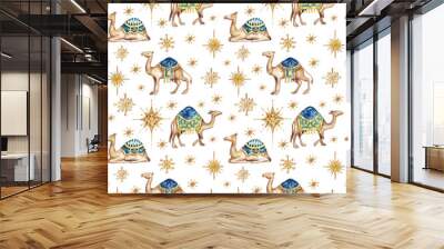 Three biblical Kings camels follow the star. Seamless background pattern. Watercolor illustration Wall mural