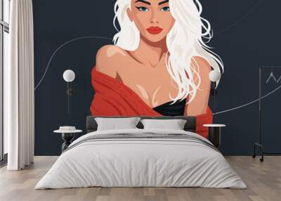 Elegant young blonde woman in a warm knitted sweater with bare shoulders. Fashion illustration, flat vector.
 Wall mural