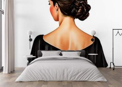 Illustration in a watercolor style,  fictional elegant young sexy woman 
in a luxurious dres, view from the back, bare shoulders on a white background. Female avatar for social networks. AI generation Wall mural