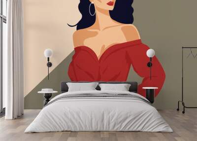 Vector flat fashion illustration, a young dark-haired woman with a beautiful figure posing in a stylish red blouse with bare shoulders and light pink pants.
 Wall mural