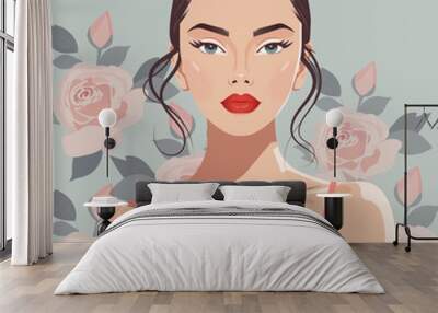 Vector illustration of a young beautiful woman of European appearance with clean and well-groomed facial skin from the front on a delicate floral background.
 Wall mural