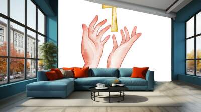 Watercolor illustration of prayer hands. Beads with a cross the hands Wall mural