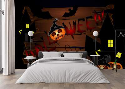 Halloween night background with wood and pumpkins Wall mural