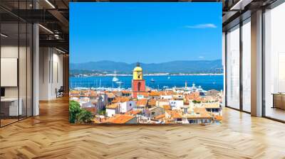 Beautiful view of Saint-Tropez with seascape and blue sky Wall mural