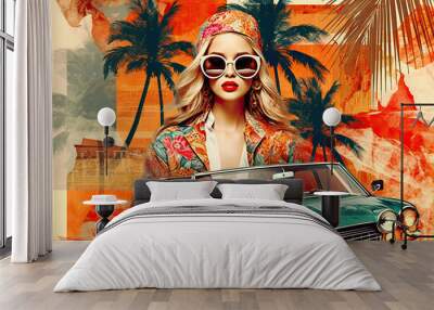 Blonde hippie woman with retro car and palm trees. 60s style summer poster. Generative AI Wall mural