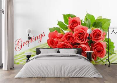 bouquet of fresh pink roses with gift isolated on white Wall mural