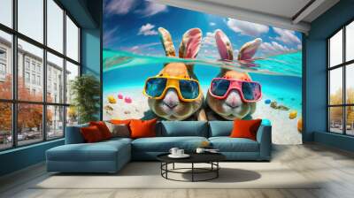 Cute Easter bunnies hunting Easter eggs underwater. Travel vacation for Easter holidays. AI Generated Wall mural