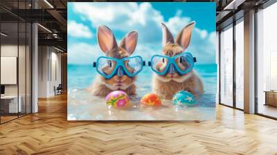 Cute Easter bunnies wearing snorkeling mask and hunting Easter eggs. Funny greetings card concept Wall mural