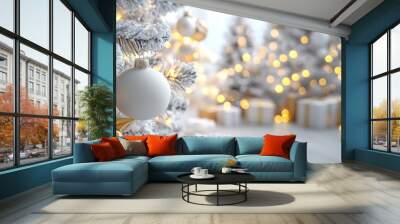 Elegant christmas decor with white and gold ornaments on snowy tree Wall mural