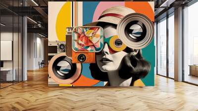 Fashion collage 60s retro background. Young woman with camera. Digital Illustration, Generative AI Wall mural