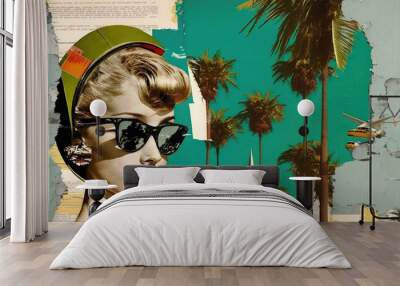 Fashion woman traveling. Summer vacation 50s retro collage background. Generative AI Wall mural