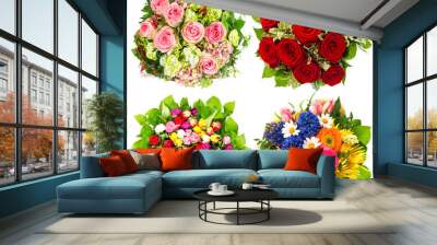 four colorful flowers bouquet on white Wall mural