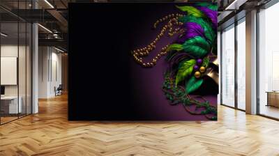 Mardi gras banner background. Golden carnival mask with colorful beads. Digital illustration, Generative AI Wall mural