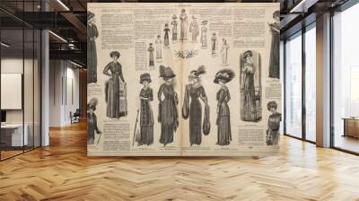 Old newspaper page vintage fashion engraving. Used paper background Wall mural