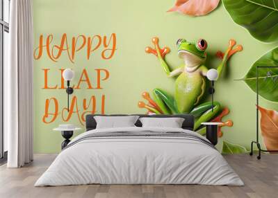 Red-eyed tree frog with green leaves and 'Happy Leap Day!' text on light green background Wall mural