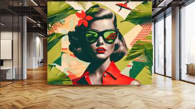 Retro style fashion woman with red lips. Summer background with green tropical leaves. Generative AI Wall mural