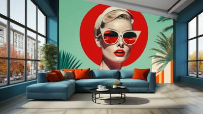 Retro stylefashion woman wearing trendy sunglasses. Pin up girl. Generative AI Wall mural