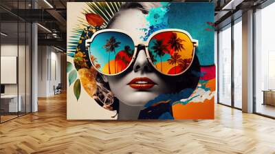 Traveling young woman wearing big sunglasses. Retro style summer collage with palm trees. Generative AI Wall mural