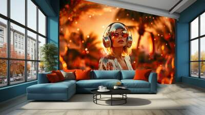 Young girl wearing big headphones and amazing sunglasses. Summer sunset beach disco party Wall mural