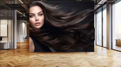 Young stunning woman with healthy long brunette hair. Glossy wavy beautiful hair. Hair salon banner Wall mural