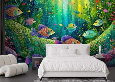 A flock of art fishes swim in green underwater. Art card Wall mural