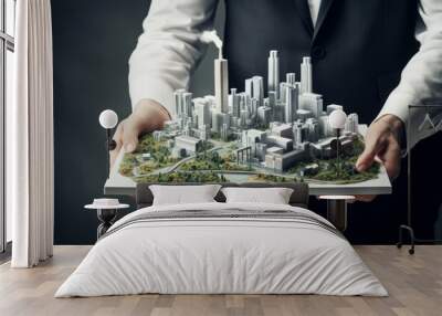 A man holding house model, property agent, landmark background. Concept of modern urban development. Wall mural