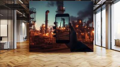 A person taking a picture of an oil refinery using an iphone. View at oil refinery at night Wall mural