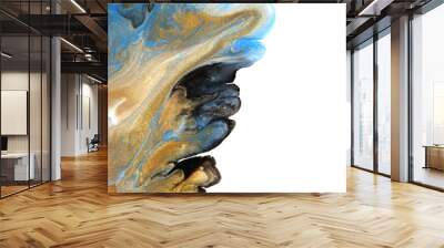 Abstract flow acrylic and watercolor pour marble blot painting. Color blue and gold wave horizontal long texture background. Wall mural