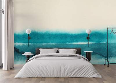 Abstract modern wet watercolor and acrylic flow blot smear painting. Blue and beige color canvas texture water landscape horizontal background. Wall mural