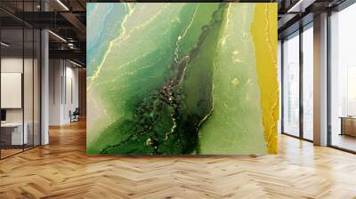 Abstract paint green wave blots background. Alcohol ink colors. Marble texture. Wall mural