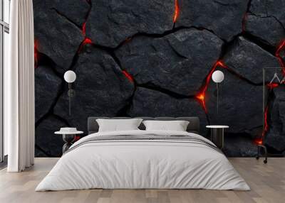 Abstract volcanic stone texture with black rock and glowing red fissures, creating a molten lava effect on a plain background  Wall mural