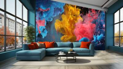 Acrylic blue and red colors in water. Ink blot. Abstract black background. Wall mural